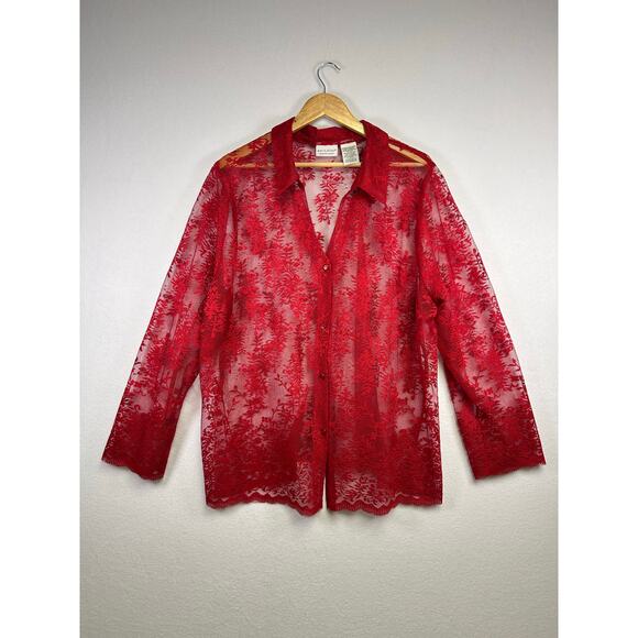 Vintage White Stag Womens Red Sheer Lace Blouse Long Sleeve Top 22w/24w - Picture 1 of 9